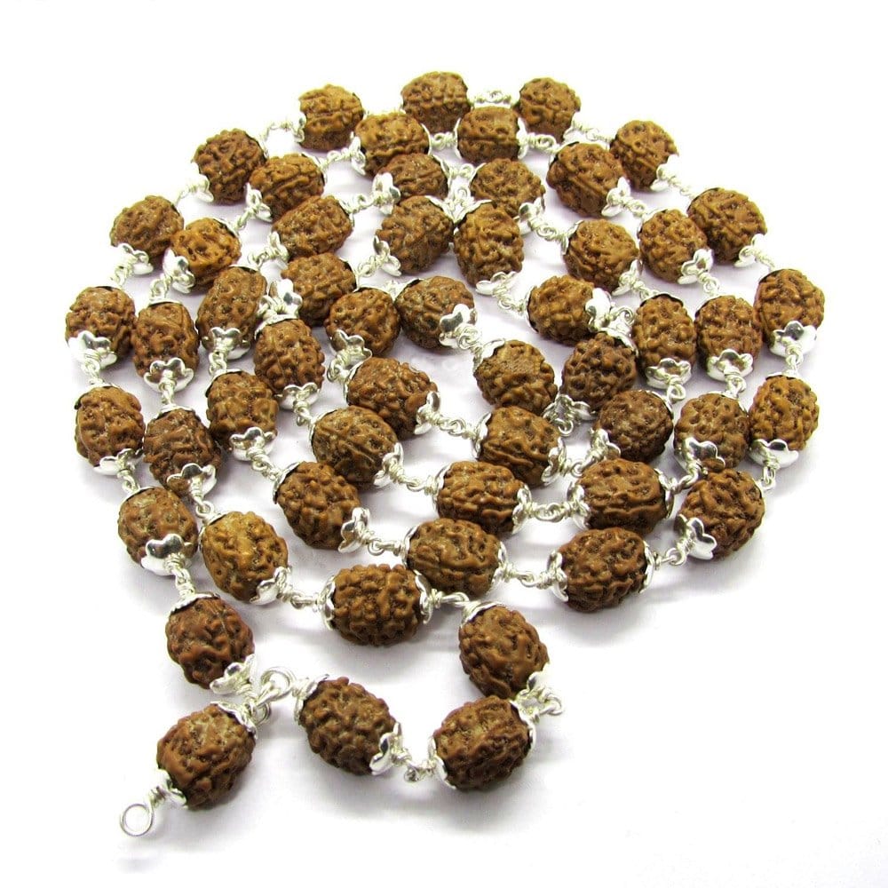3-mukhi-silver.jpg 3 Mukhi Indonesian Rudraksha Mala 54 Beads In Silver (12mm-14mm) - Image 1