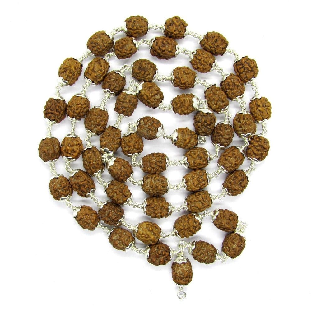 3-mukhi-silver2.jpg 3 Mukhi Indonesian Rudraksha Mala 54 Beads In Silver (7mm-9mm) - Image 1